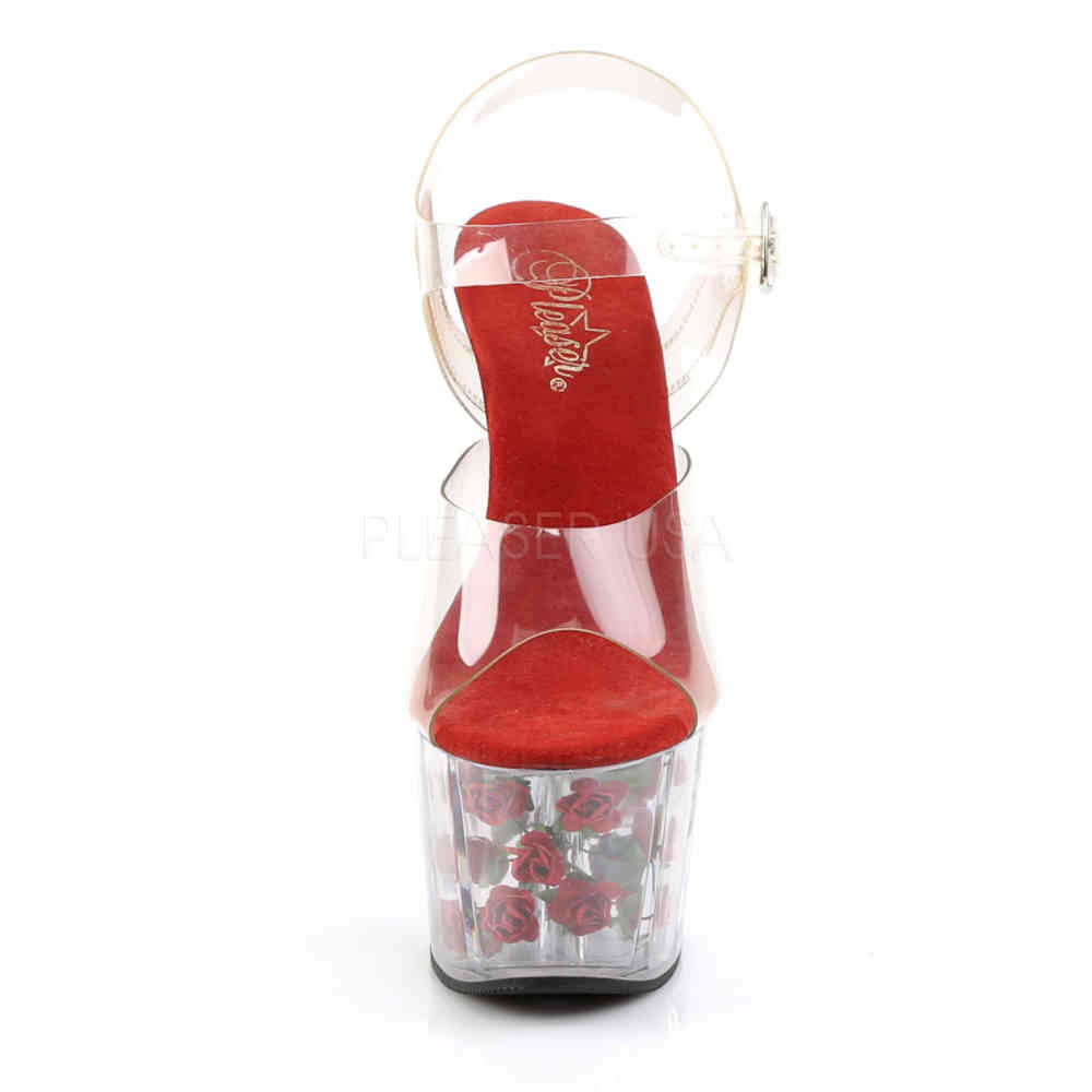 Pleaser - ADORE-708FL Sandale à bride à la cheville, Pole dance chaussures - Chaussures de pole dance - Rouge/Transparent